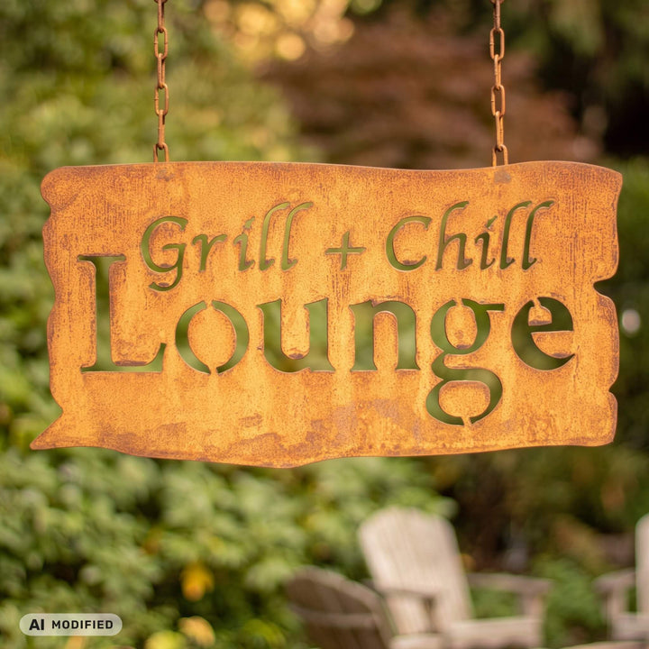 Gartenschild Grill &amp; Chill Lounge Edelrost Metall 46x24 cm - Bild 2