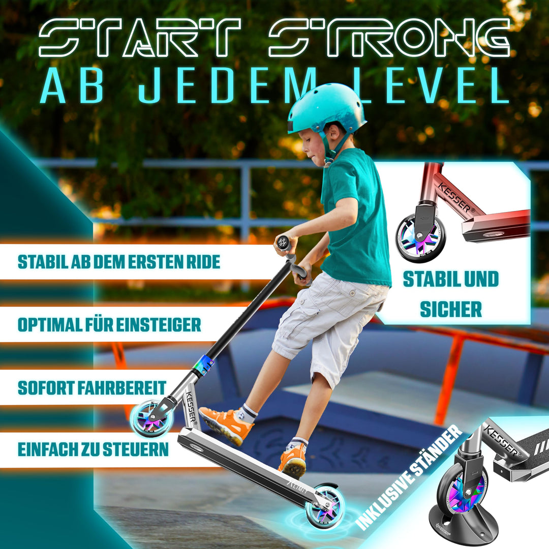 Stunt Scooter 360° Lenkung Aluminium 110mm PU-Räder ABEC-9 mit Ständer - Bild 3