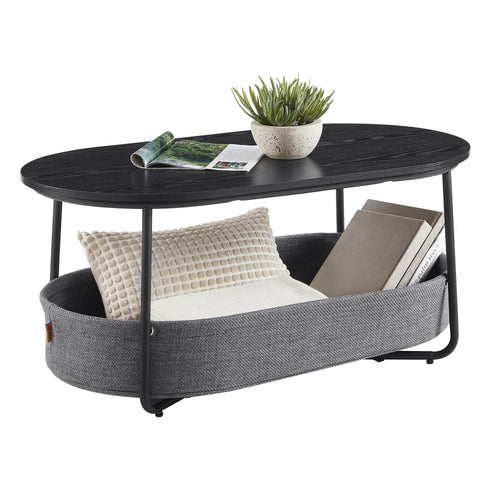Couchtisch oval mit Stoffkorb, Metallrahmen, 100x45 cm