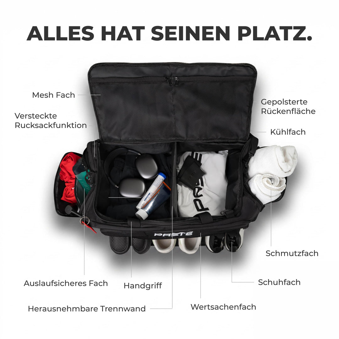 Sporttasche 68L mit Rucksackfunktion, Kühl- &amp; Schuhfach Schwarz - Bild 3