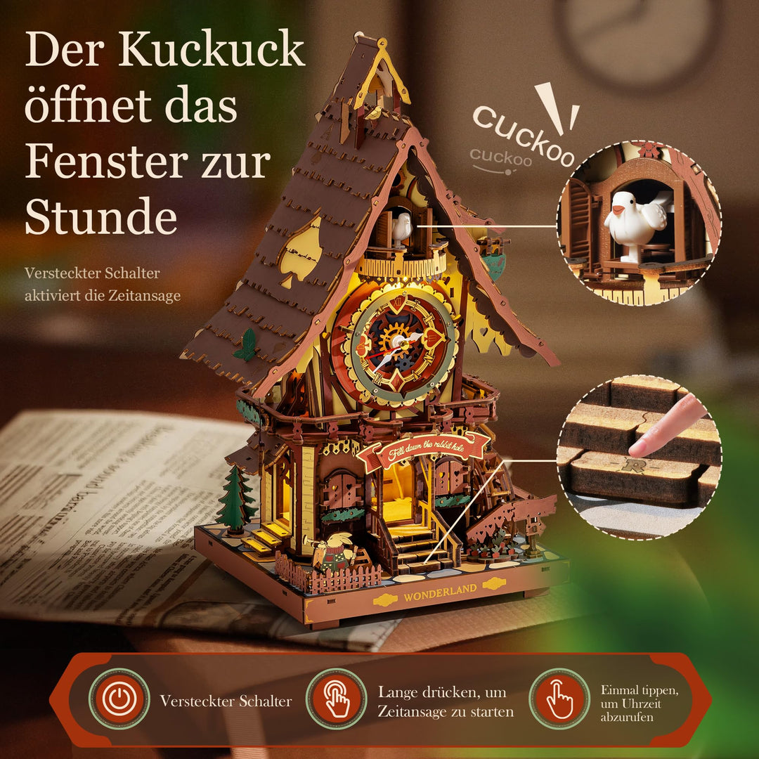 3D Holzpuzzle Kuckucksuhr mit Uhrwerk &amp; Licht, 435 Teile - Bild 4