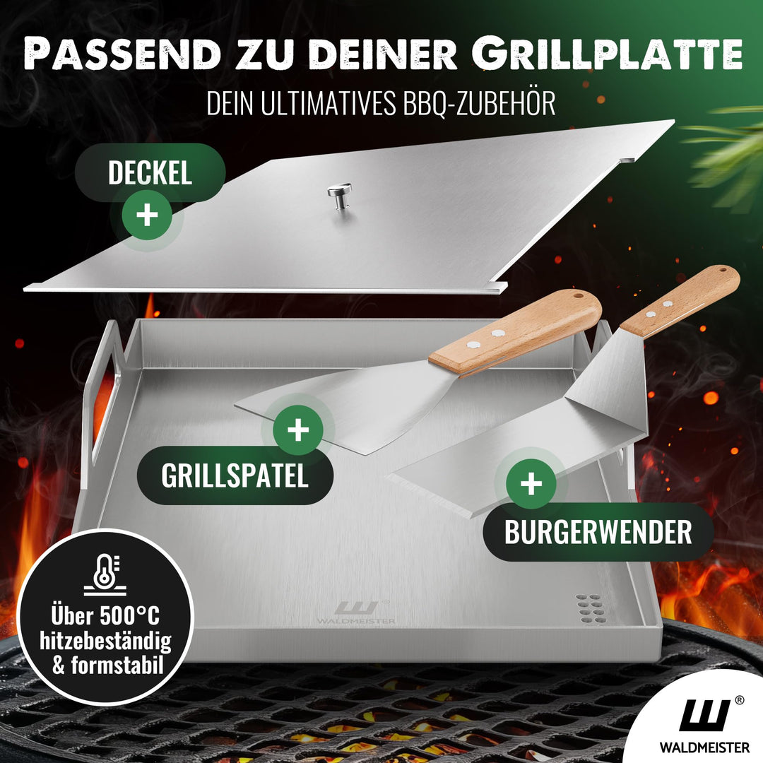 Plancha Grillplatte Edelstahl 40x30 cm mit Deckel und 2 Spachteln - Bild 8