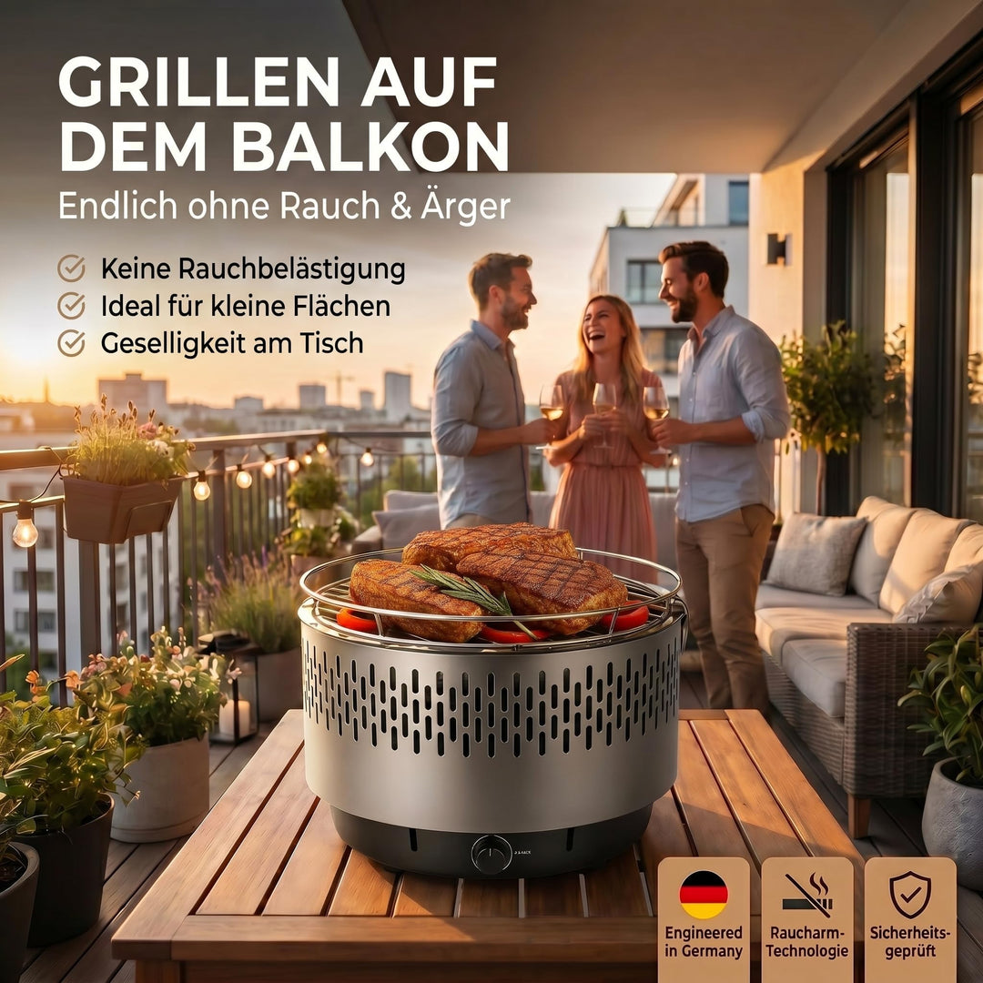 Tischgrill Holzkohle mit Aktivbelüftung und Lüfter, kompakt grau - Bild 2