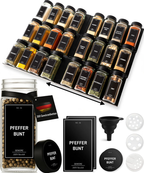Gewürzgläser Set 24x120ml mit Schubladeneinsatz und 300 Etiketten