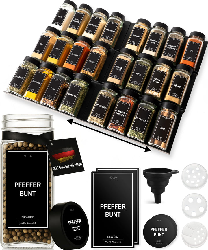 Gewürzgläser Set 24x120ml mit Schubladeneinsatz und 300 Etiketten