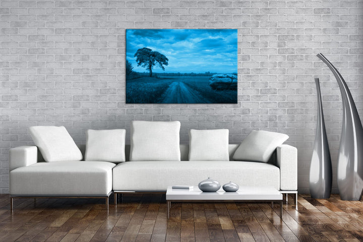Leinwandbild Feldweg monochrom Blau 80x60 cm Echtholzrahmen - Bild 2