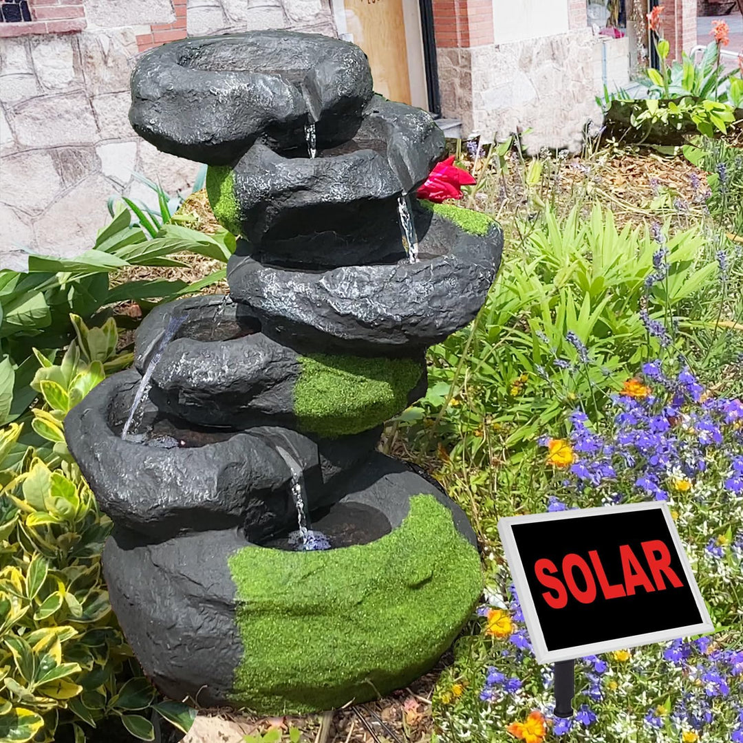 Kaskadenbrunnen Hybrid Solar/230V mit RGB-LED Steinoptik 64cm