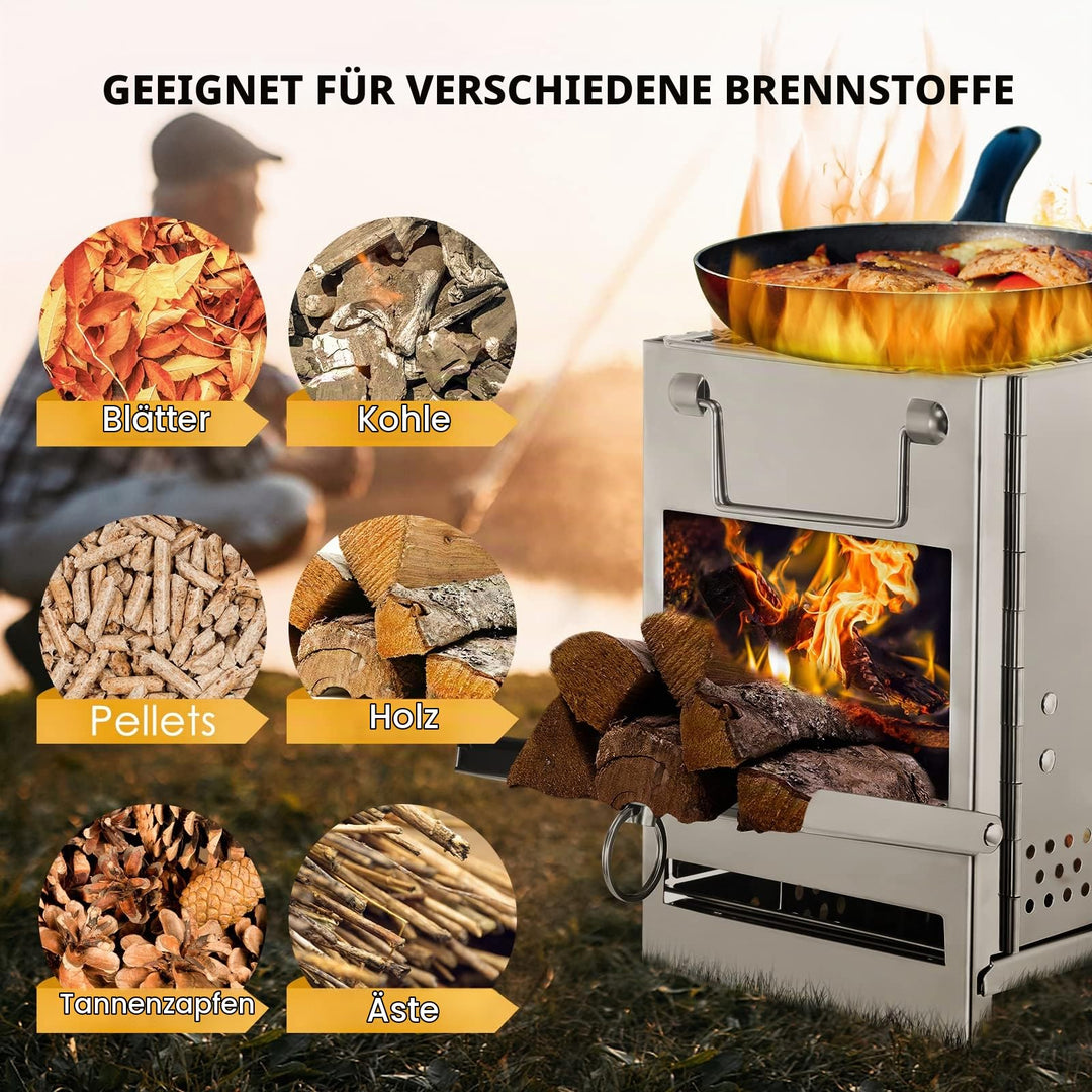 Camping-Holzofen Edelstahl 304 klappbar mit Grillnetz und Tasche - Bild 4