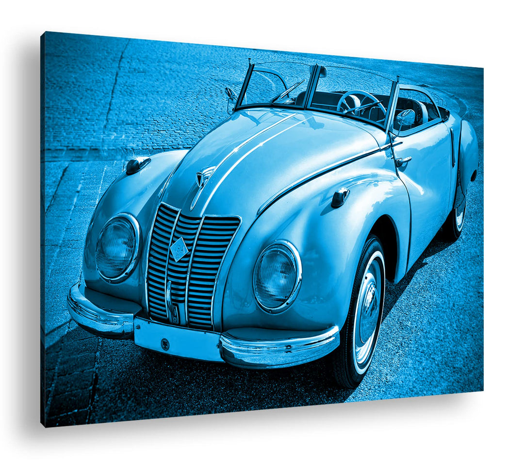 Leinwandbild Oldtimer Motiv Monochrom Blau 80x60 cm Echtholz