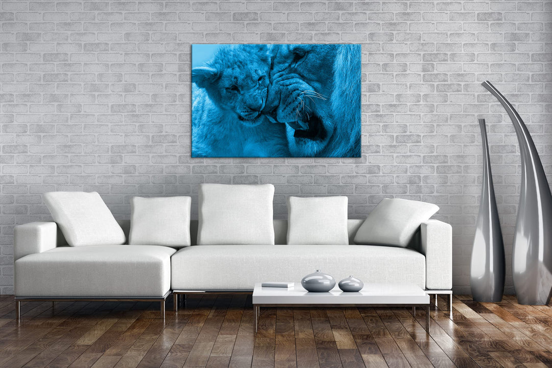 Leinwandbild Löwe Monochrom Blau auf Echtholzrahmen 80x60 cm - Bild 2