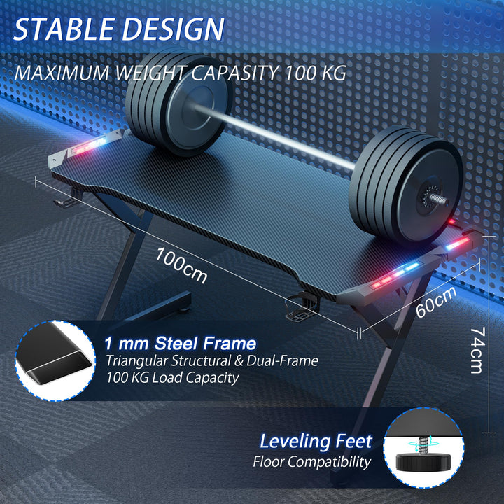 Gaming Tisch mit RGB-LED 100x60 cm Kohlefaser-Optik Schwarz - Bild 3