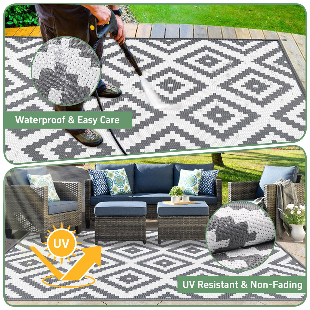 Outdoor Teppich wendbar wetterfest 180x270 cm Polypropylen Grau/Weiss - Bild 2