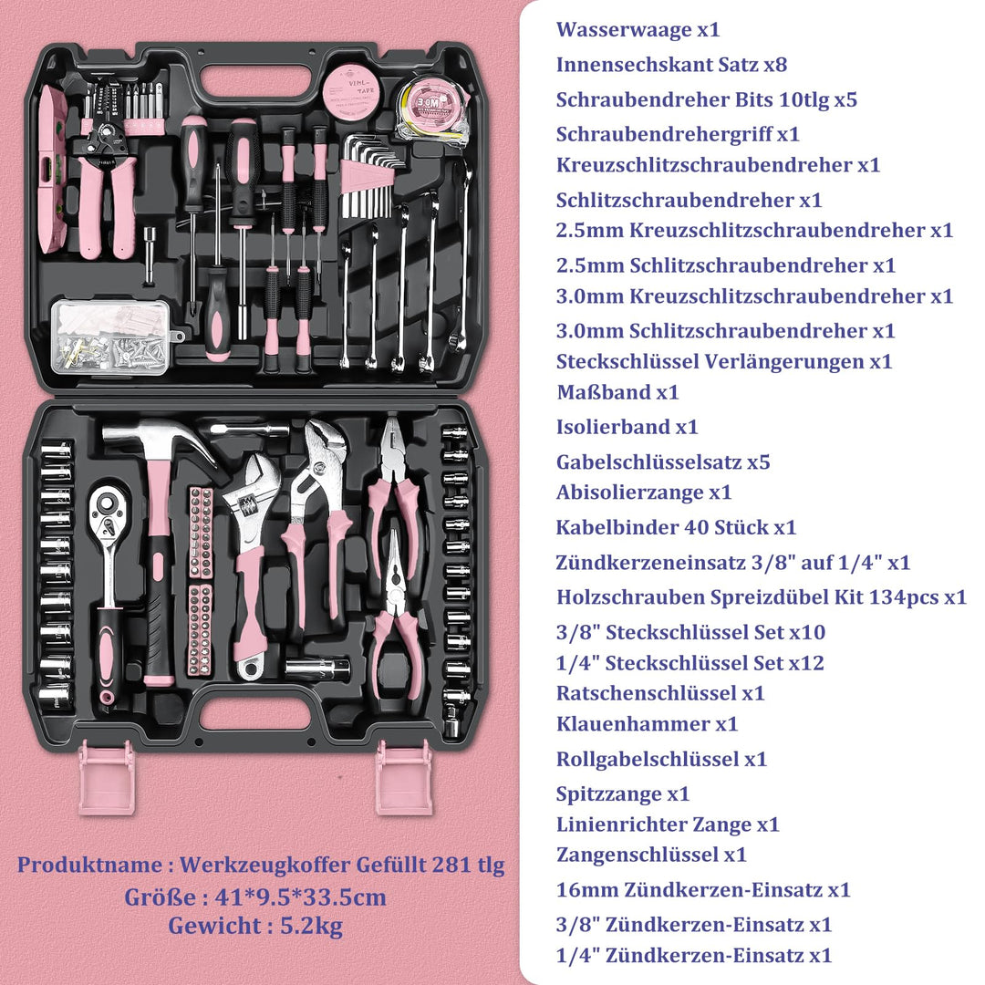 Werkzeugkoffer gefüllt 281-teilig mit Steckschlüssel und Zangen Rosa - Bild 2