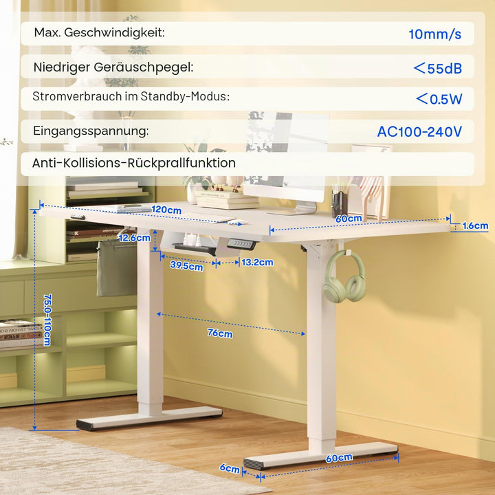 Höhenverstellbarer Schreibtisch Elektrisch 120x60cm Stahl Weiss - Bild 10
