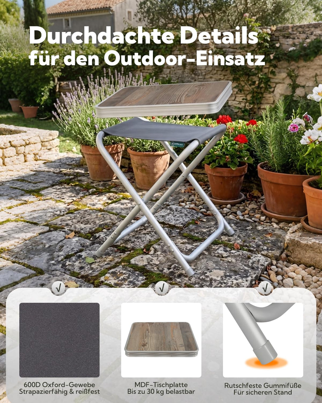 Campinghocker faltbar 2-in-1 mit MDF-Tischplatte Aluminium 100 kg - Bild 5
