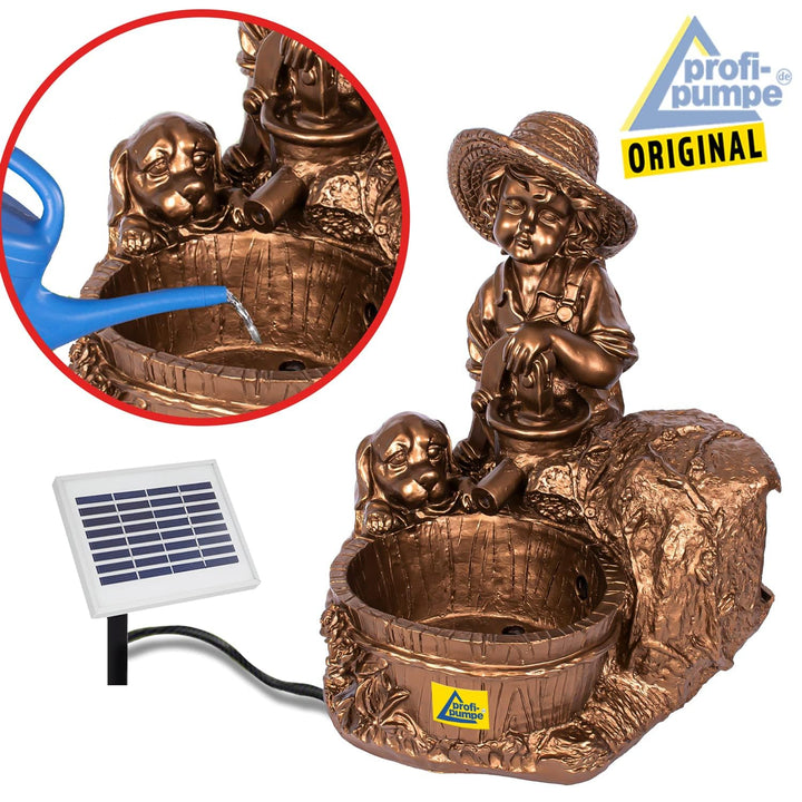 Solar-Gartenbrunnen Junge mit Hund Polyresin Kupferoptik 50cm Teich - Bild 3
