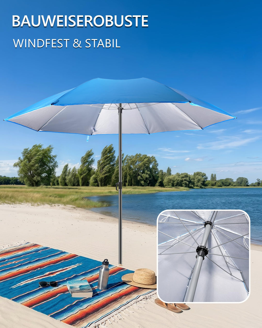 Faltbarer Strand-Sonnenschirm UPF 50+ Ø 160 cm Blau für Reise - Bild 5