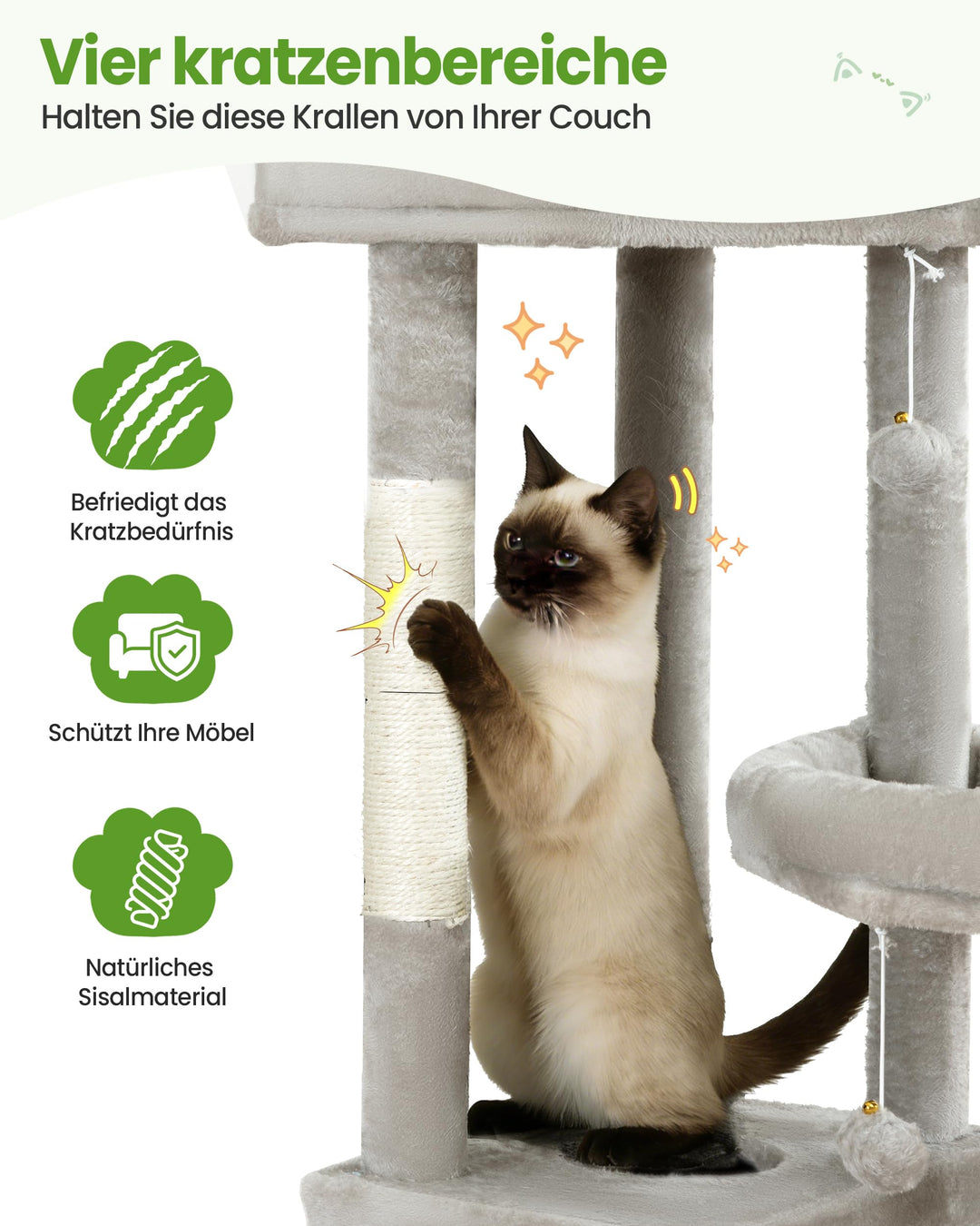Kratzbaum XXL 170 cm mit 3 Ebenen für grosse Katzen