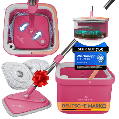 Wischmopp Set mit 2-Kammer-Eimer Schleudermechanismus Pink