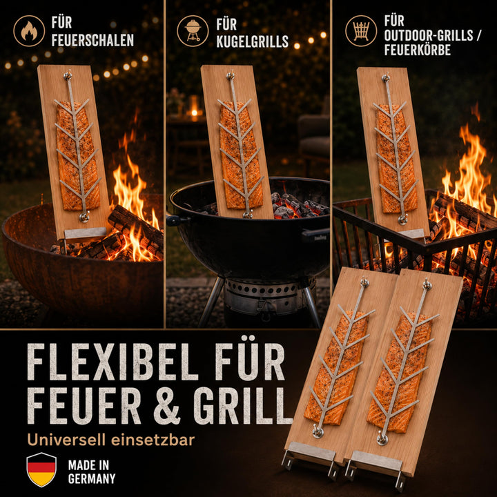 Flammlachsbrett 2er Set Buche mit Edelstahlhalterung für Grill - Bild 3