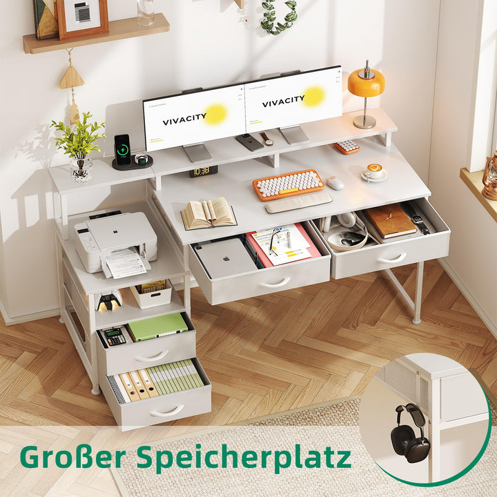 Schreibtisch mit Schubladen, LED, Steckdose &amp; Monitoraufsatz, Weiss