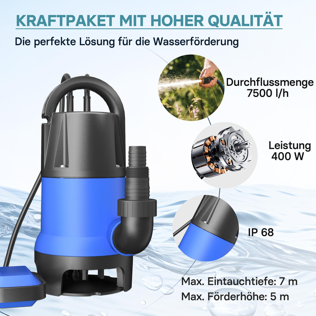 Schmutzwasserpumpe 400 W 7500 l/h für Garten, Teich &amp; Keller - Bild 5