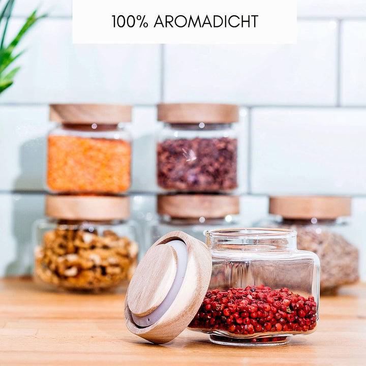 Gewürzgläser Borosilikatglas eckig 220ml 6er-Set mit Akazienholzdeckel - Bild 3
