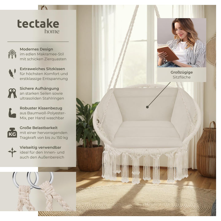 Hängesessel mit Gestell Baumwollgeflecht Boho bis 150 kg beige - Bild 2