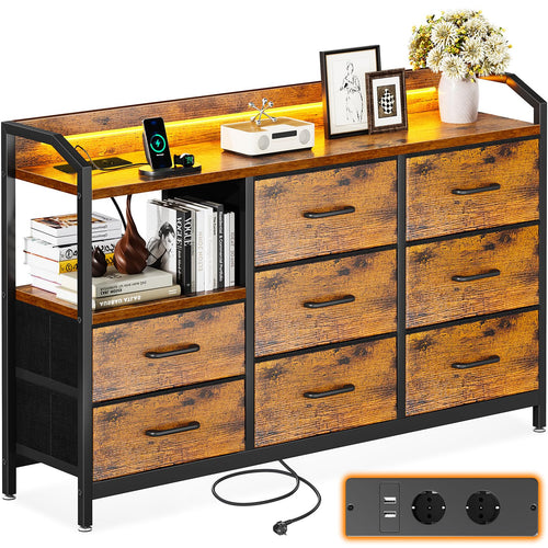 Kommode Vintage mit LED-Beleuchtung 8 Stoffschubladen 2 USB