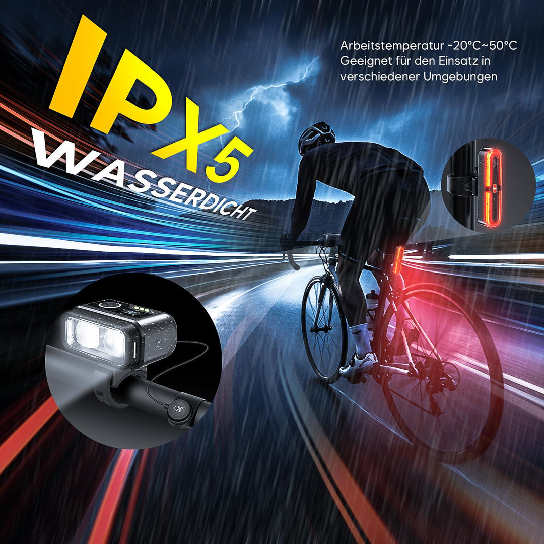 Fahrradlicht Set StVZO 100 Lux Fernlicht &amp; Bremslicht USB-C aufladbar - Bild 7