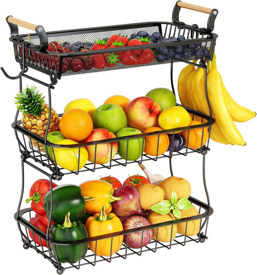 Obstkorb 3 Ebenen mit 2 Bananenhaltern Metall schwarz
