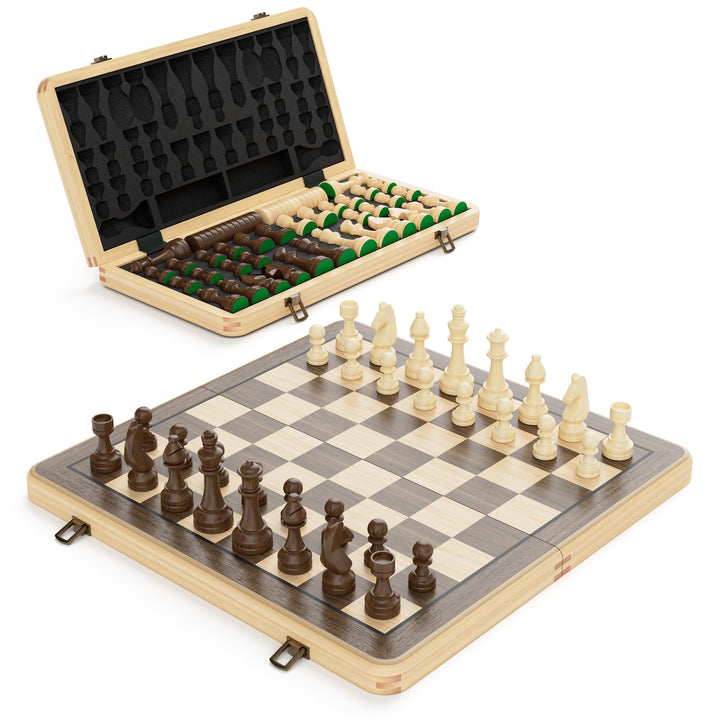 Schach- und Dame-Set Holz 2-in-1 klappbar 38 cm mit Staunton-Figuren