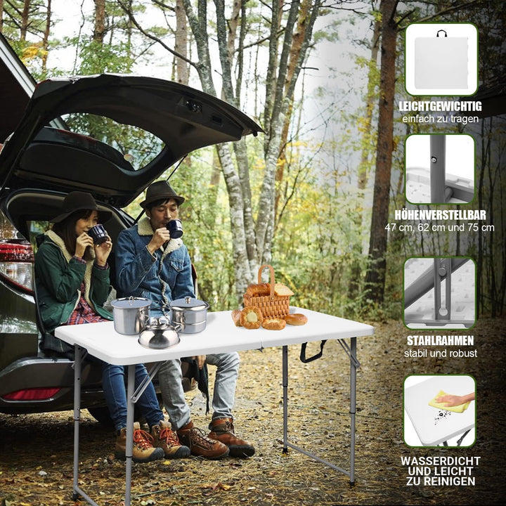 Klapptisch 120x60 cm höhenverstellbar HDPE klappbar tragbar Weiß - Bild 8