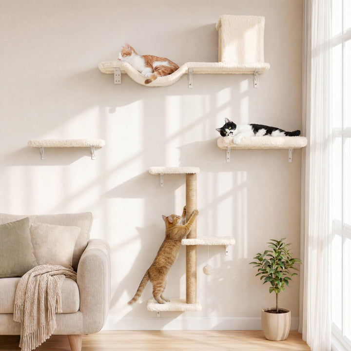 Katzen Kletterwand Set 10-teilig Multiplexholz mit Hängematte beige