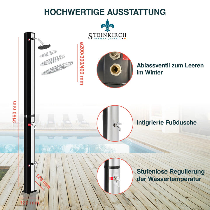Solar Gartendusche 35 L Edelstahl-Duschkopf Ø 300 mm mit Fussdusche - Bild 3