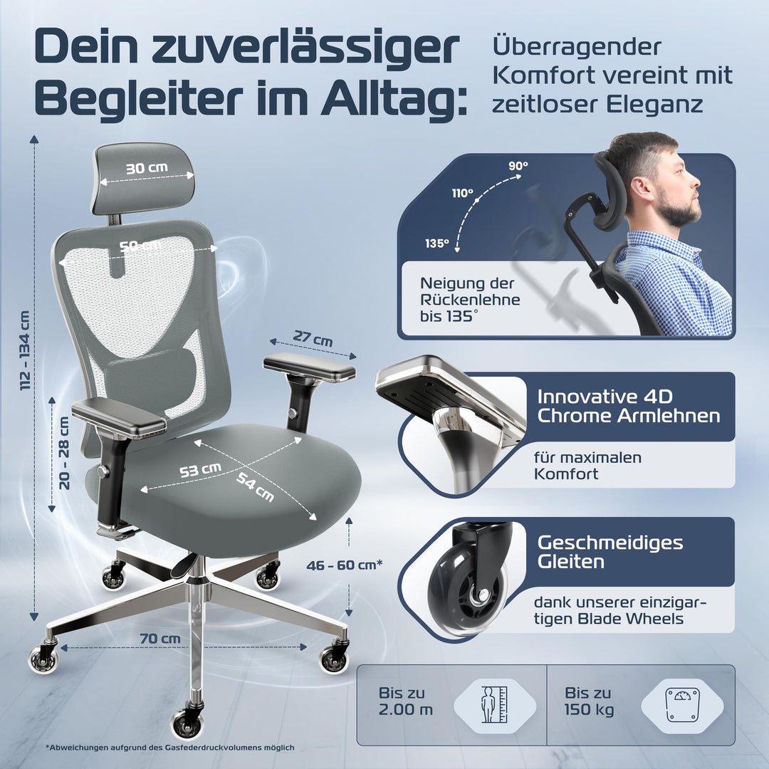 Bürostuhl Ergonomisch Mesh 4D-Armlehnen Kopfstütze bis 150 kg - Bild 2