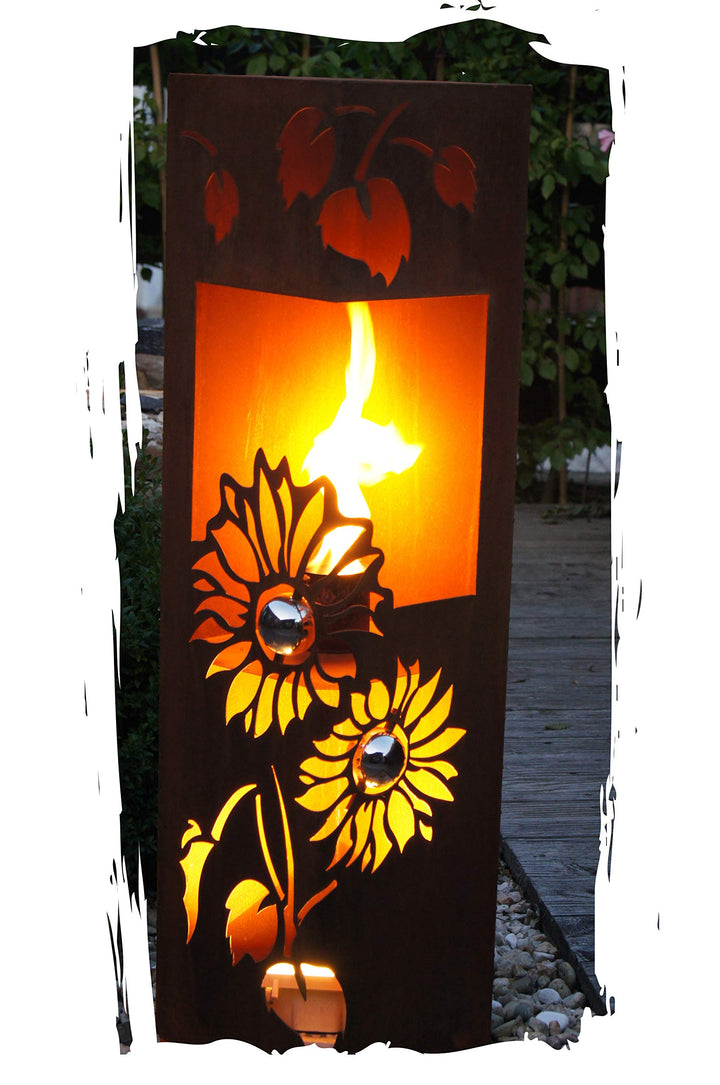 Feuersäule Sonnenblume Edelrost 25x25x100cm für Bioethanol