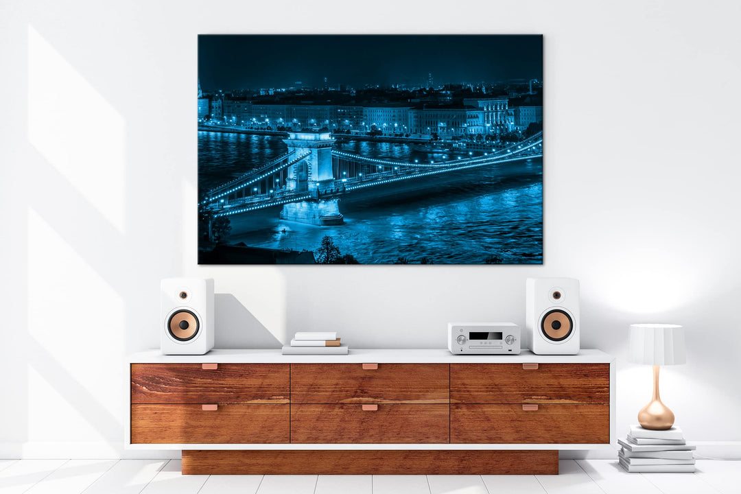 Leinwandbild Kettenbrücke Budapest Monochrom Blau 80x60 cm - Bild 5