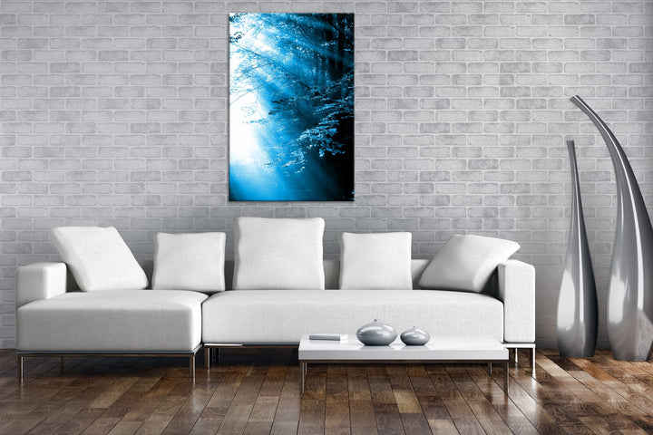 Leinwandbild Herbstwald Sonnenstrahlen Monochrom Blau 80x60 cm - Bild 2