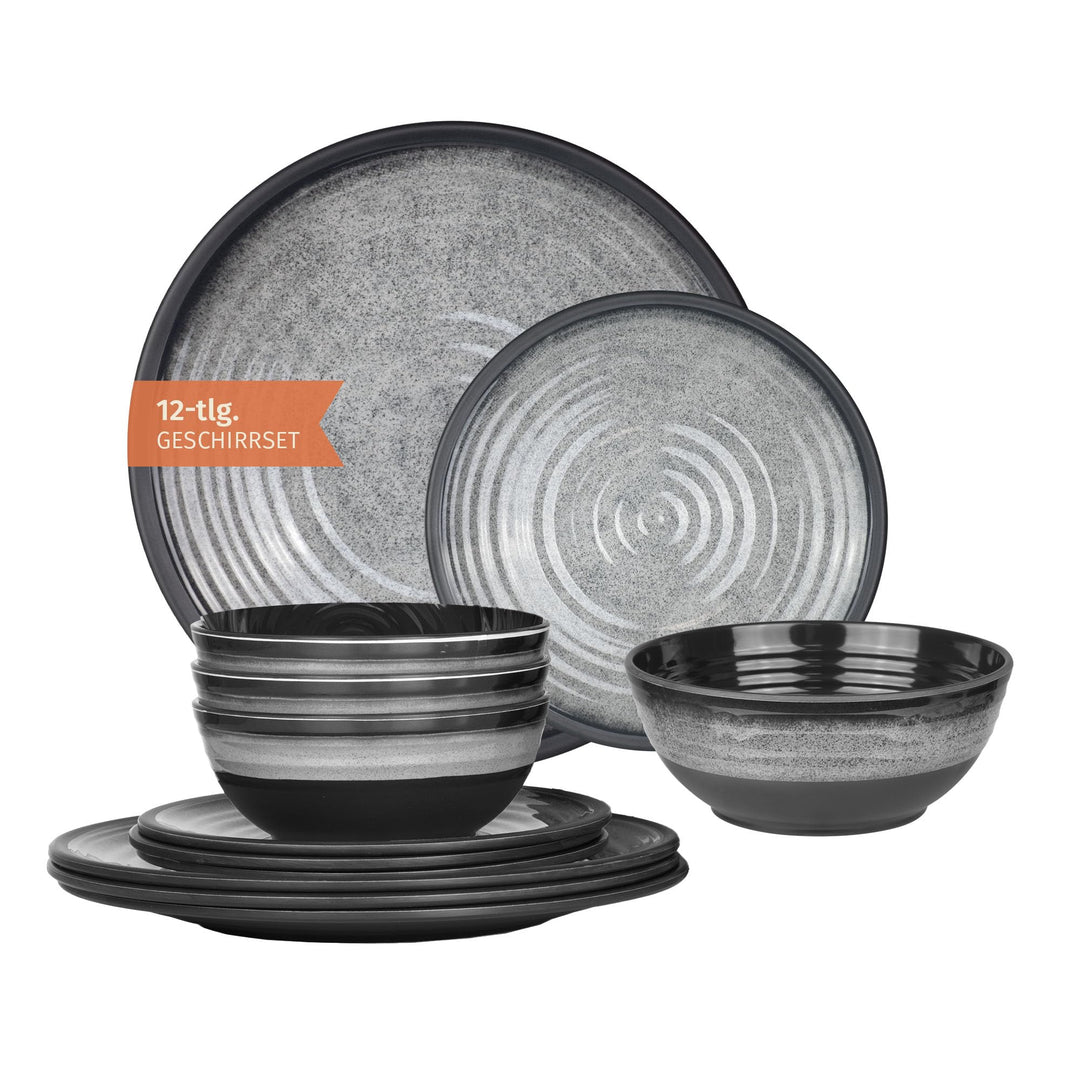 Camping Geschirrset Melamin 12-teilig für 4 Personen Stone Grey