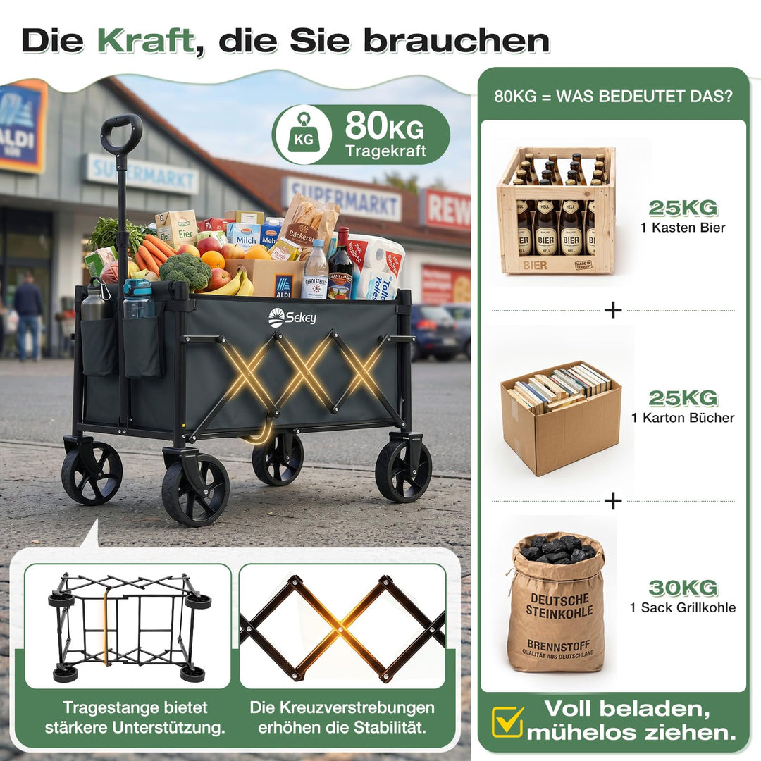 Bollerwagen faltbar 60L 80kg Tragkraft mit 360°-Rädern dunkelgrau - Bild 3