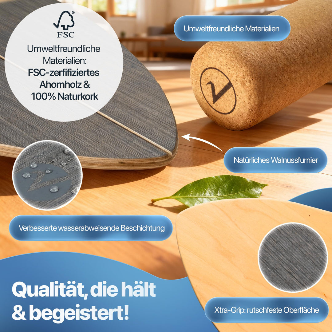 Balance Board Holz mit Korkrolle, Halterung und Trainingsball Stone Grey - Bild 4