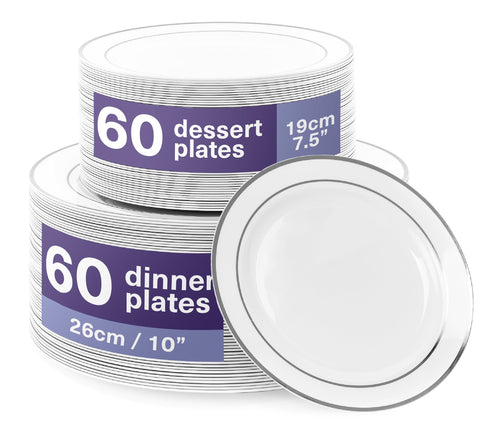 Plastikteller mit Silberrand 120er-Set 19cm & 26cm Partygeschirr