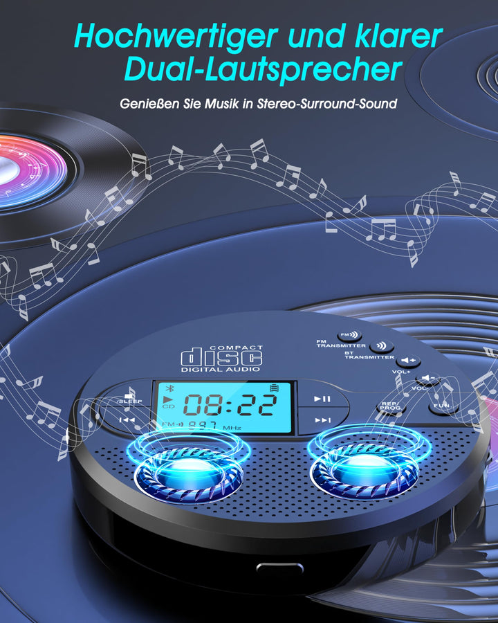 CD Player tragbar mit Bluetooth 5.3 und FM-Transmitter, LCD, 9h Akku - Bild 7