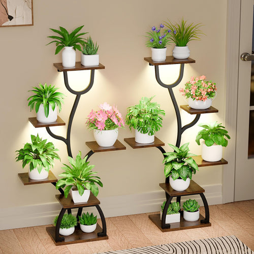 Pflanzenregal 6 Ebenen mit Wachstumslampe Metall Holz 2er-Set