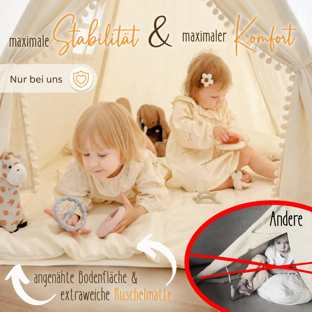 Tipi Zelt Kinder 100% Baumwolle mit Matte und Stabilisator Indoor - Bild 4