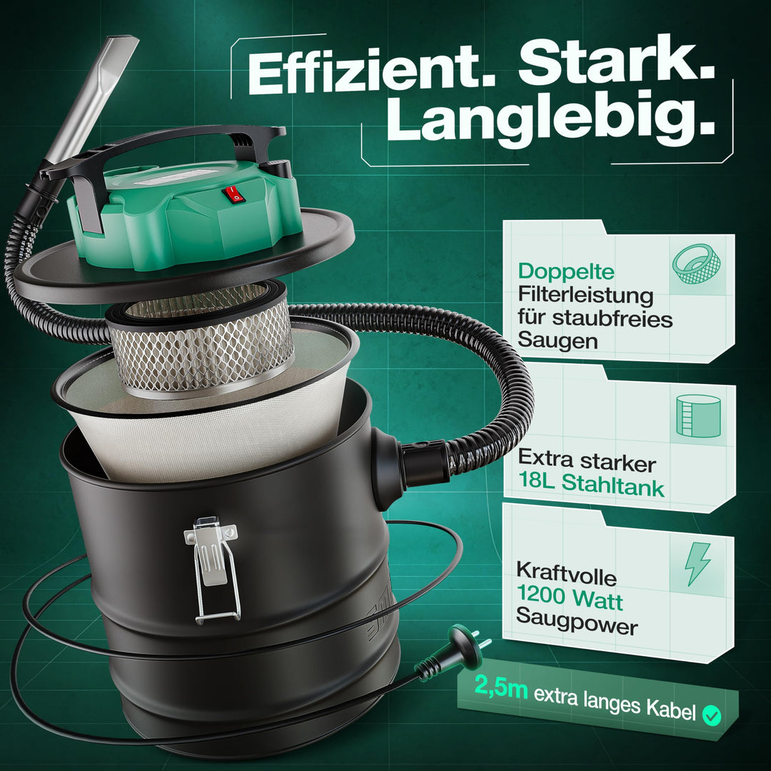 Aschesauger 1200 W mit HEPA-Filter 18 L Metalltank für Kamin - Bild 4