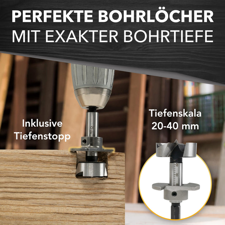 Forstnerbohrer Set 15-40mm 13-teilig mit Tiefenstopp und Bohrschablone - Bild 4