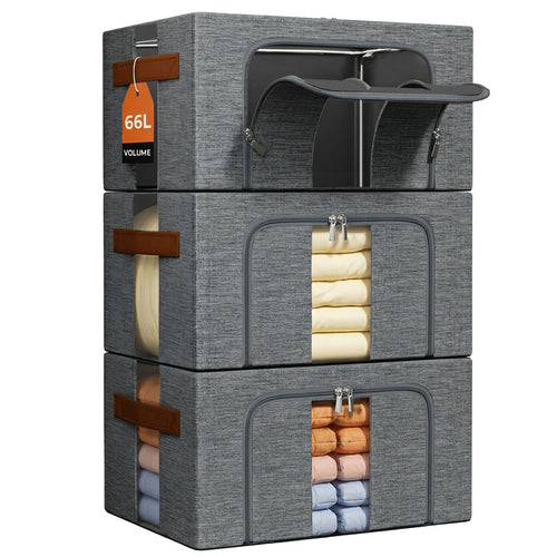 Kleiderbox stapelbar mit Metallrahmen 3x66L Grau faltbar