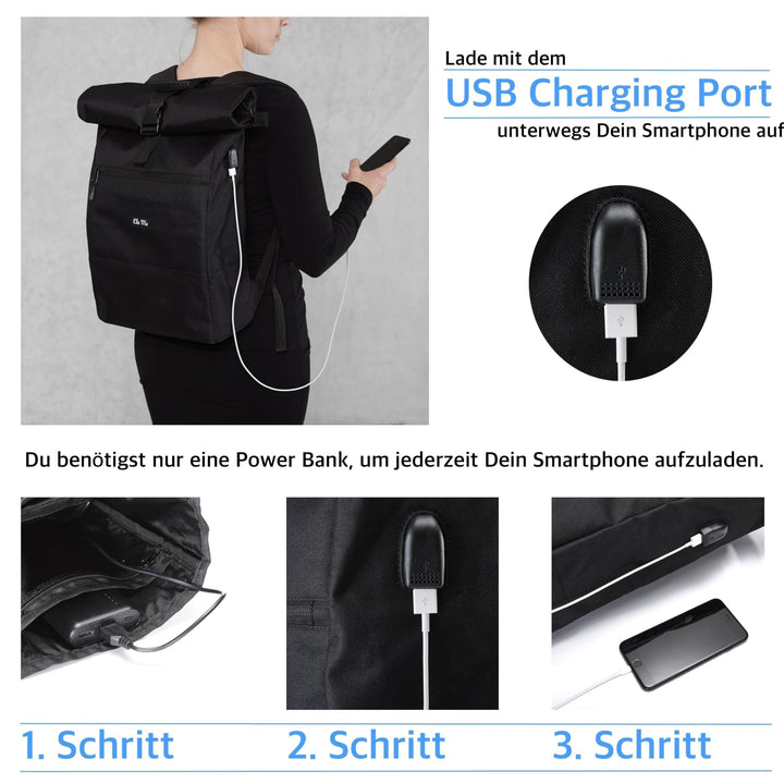 Rolltop Rucksack Damen 18-26L mit USB &amp; Laptopfach bis 17 Zoll - Bild 5